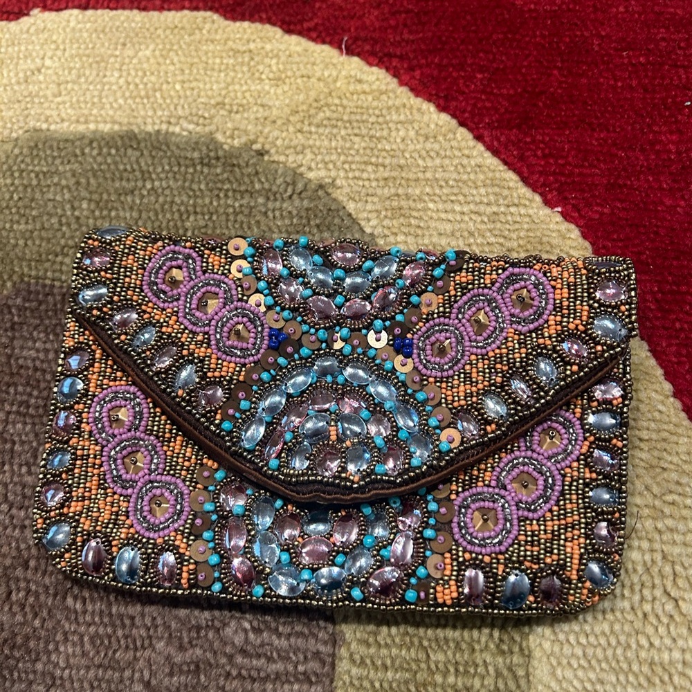 Brown Beaded Sequin Satin Envelope Clutch Evening Purse Formal Bag No Straps